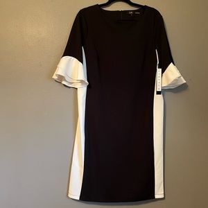 NWT ILE NY Sz 10 Black/Ivory Ruffle Sleeve Midi Dress!